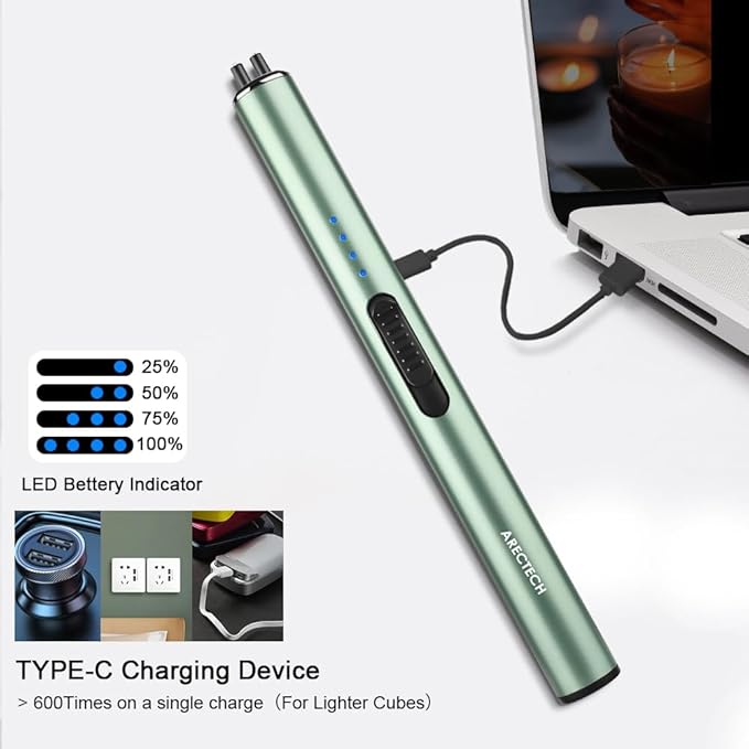 ARECTECH Electric Candle Rechargeable Lighter Arc Plasma Lighters for Candle Kitchen Camping Christmas Type-C Green