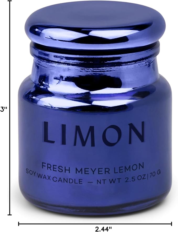 Paddywax Chroma Scented Candle with Lid in Reusable Metallic Etched Glass Jar, Clean- Burn Soy Candle with Approx. 14 Hour Burn Time, Cobalt – Limon, Fresh Meyer Lemon, 2.5 oz