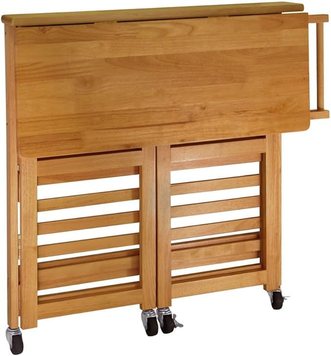 Foldable Kitchen Cart, Brown Solid Wood, Open Utility Cart, Serving Trolley on Wheels, Compact Storage, Adjustable Shelf