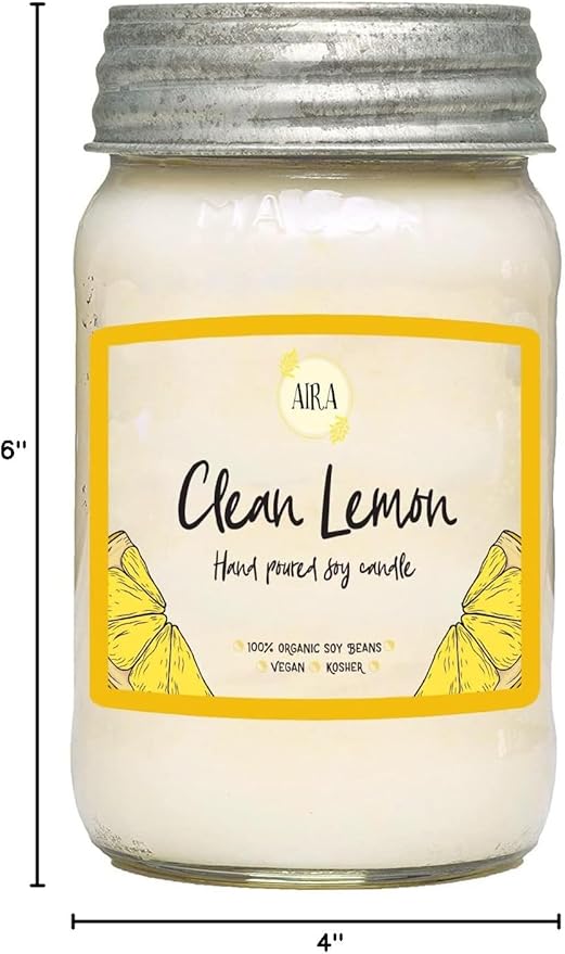 Aira Soy Candles - Organic, Kosher, Vegan, in Mason Jar w/Therapeutic Grade Essential Oil Blends - Hand-Poured 100% Soy Candle Wax - Paraffin Free, Burns 110+ Hours - Clean Lemon - 16 Ounces