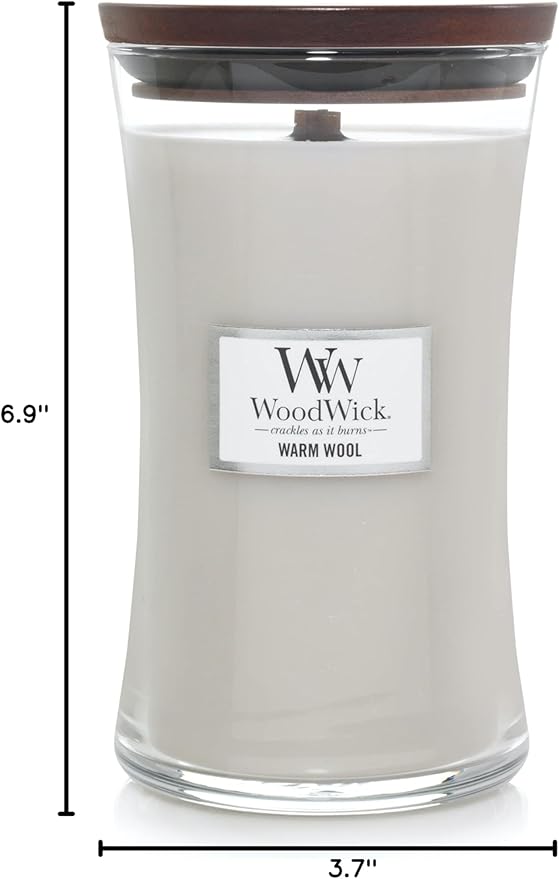 WoodWick Warm Wool Scented Hourglass Candle Large 21.5 oz with Crackling Pluswick Innovation Up to 130 Hours of Smooth Soy-Paraffin Blend Burn Time