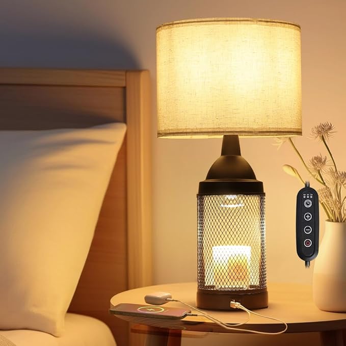 Electric Candle Warmer Lamp Dlack,24H Cycle Timer, Dimmable, Dual Charging Port, Wax Melt Warmer with 2 Bulbs,Country Lamps for Bedroom Nightstand with USB&Type-C Ports, Gifts Christmas Birthday