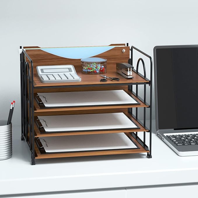LUCYCAZ File Organizer for Desk - Paper Organizer, 4 Tier Wood Desk Organizer for Hanging File Folders Letter Size or A4 Size, Desktop File Organizer for Office School and Home, Black