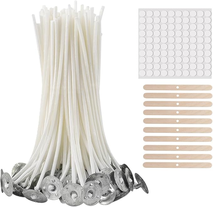 buluker 100Pcs Functional Smokeless Candle Wicks - Pre Waxed Cotton Wick with Metal Sustainer Tabs for Pillar Candle Making and DIY, (100, Thick 6inch)