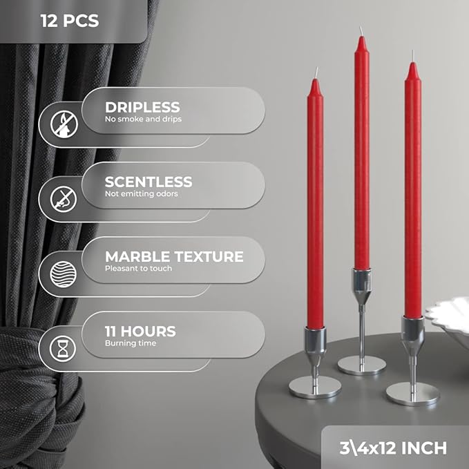 CANDWAX Red Taper Candles Pack of 12 - Slow Burning Dripless Unscented Straight Candles 12 inch - Ideal for Dinner Table - Smokeless Long Candlesticks
