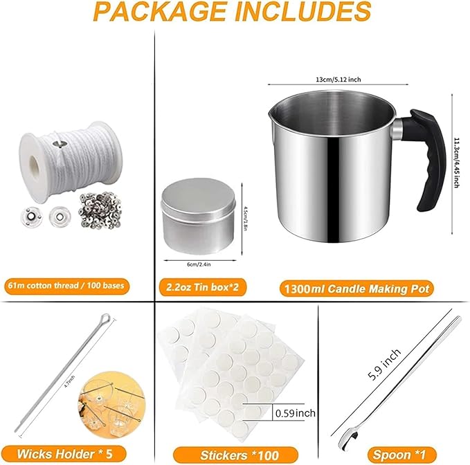 Yiodauh Candle Making Kit Complete Candle Making Kit Stainless Steel Pouring Jar Wicks Stickers and Holders for DIY Crafts and Gifts(1300ml kit)