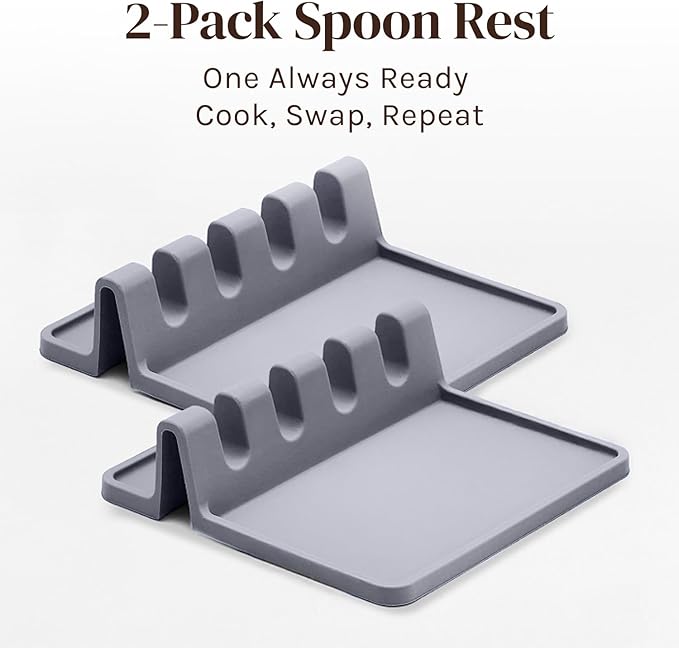 Cooler Kitchen Gray Silicone Spoon Rest for Stove Top with Drip Pad (2 Pack) - Heat Resistant BPA Free Utensil Rest & Kitchen Spoon Holder for Kitchen Counter - Grill Countertop - Spatula Holder