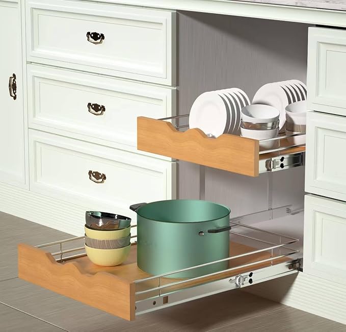 DINDON 2 Tier Pull Out Cabinet Organizer (11" W x 21" D) Slide Out Wood Shelf Organizers Double Tier Kitchen Wire Basket with Chrome Finish…