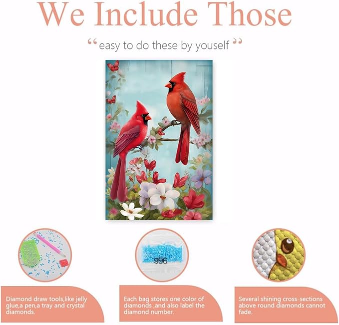 GUAIEUW Red Bird Bouquet Diamond Painting Kit for Adults, Full Round Diamond Cardinal Bird 5D Diamond Painting DIY Art Crafts for Winter Home Wall Decor Holiday Gift 18x24 Inch