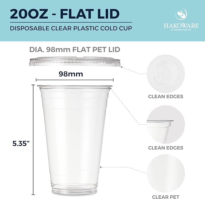 [1000 SET]HAKOWARE by Harvest Pack 20 oz Ultra Clear Plastic Cold Cups with Flat Lids, Disposable Wedding Party Drinking Cups Tumblers, Iced Coffee Beer Juice Cold Beverage