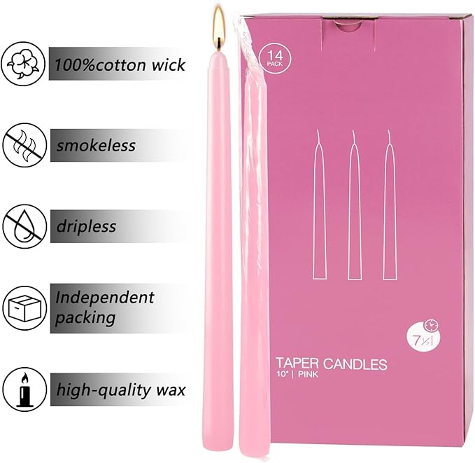14-Pack Pink Taper Candles - 10 Inch Unscented Dripless Candlesticks, Long Burning for Weddings, Bridal Showers, Valentine's Day & Romantic Dinner Parties