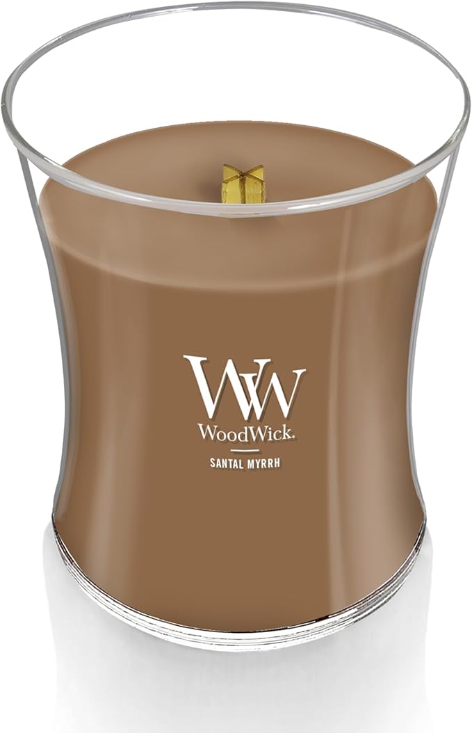 WoodWick Medium Hourglass Candle Santal Myrrh - Premium Soy Blend Wax Pluswick Innovation Wood Wick Made in USA