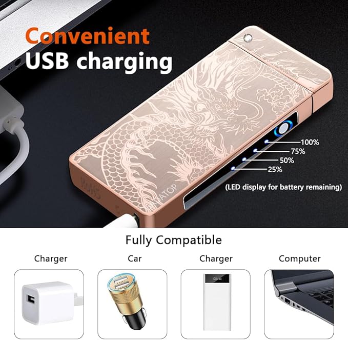 GADATOP Dragon Arc Plasma Flame Lighter - USB Rechargeable, Windproof Electric Lighter for Candle (Gold)