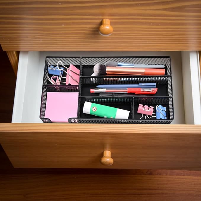 Desk Drawer Organizer Tray,11.02 x 6.1 x 1.46inch 6 Compartments Metal Mesh Dividers,Desk Organizers Storage Tray for Pens Organizer,for Desk Drawer Tray Box Accessories