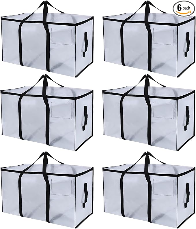 6 Pack Moving Bags Heavy Duty, Extra Large Moving Bags, Moving Supplies, Storage Bags with Handles and Zippers, Waterproof Totes for Storage Space Saving Packaging Shipping and Travel(Clear）