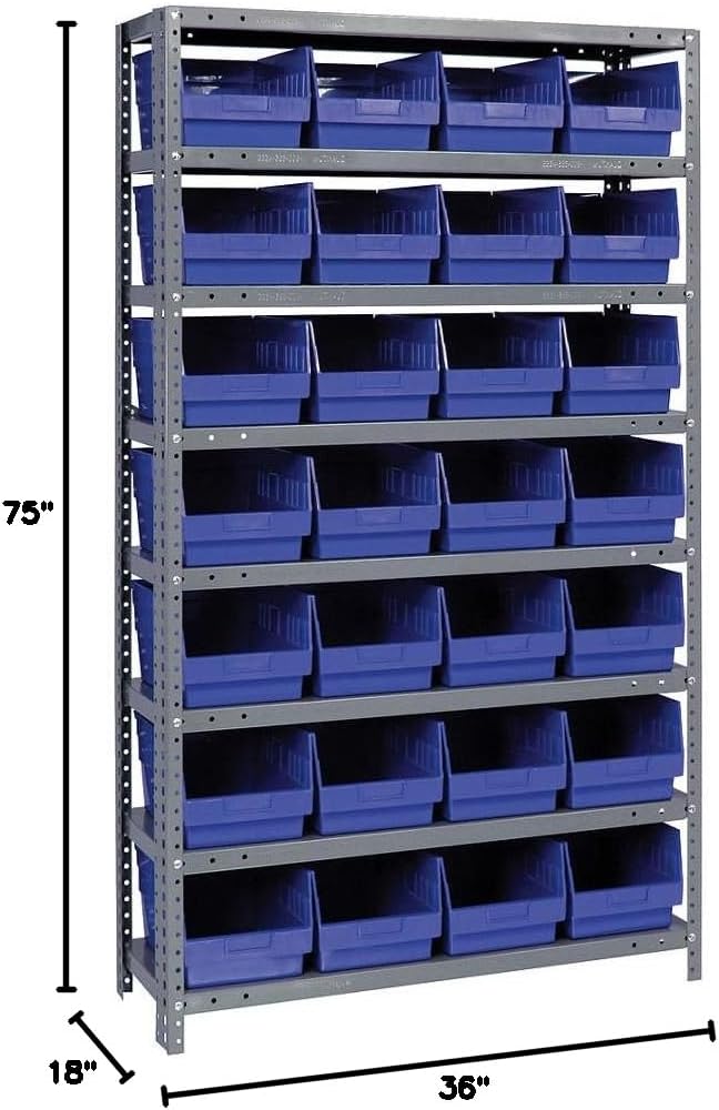 Quantum Storage Systems 1875-SB808BL Solid Heavy Duty 8 Shelves 28 STORE-MAX Blue Bins 75" H x 36" W x 18" D