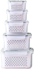 Large Fridge Food Storage Container Set with Lids with Strainer, Fruit Vegetable Storage Containers Keep Fruits, Vegetables, Berry, Meat Fresh longer, BPA-Free Plastic Produce Keepers