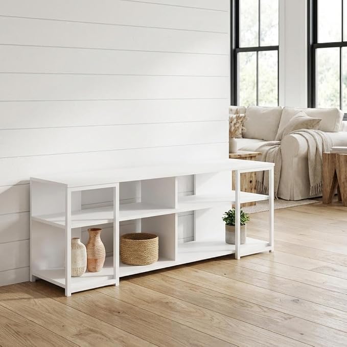 Furnifact White Modern TV Stand for 65-Inch TVs, Metal and Wood Construction, Sleek Storage Design, Stylish and Durable Living Room Furniture