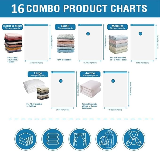 12 Pack Vacuum Storage Bags, Space Saver Vacuum Storage Bags, Vacuum Seal Bags for Clothing, Clothes, Comforters and Blankets, Hand Pump Included