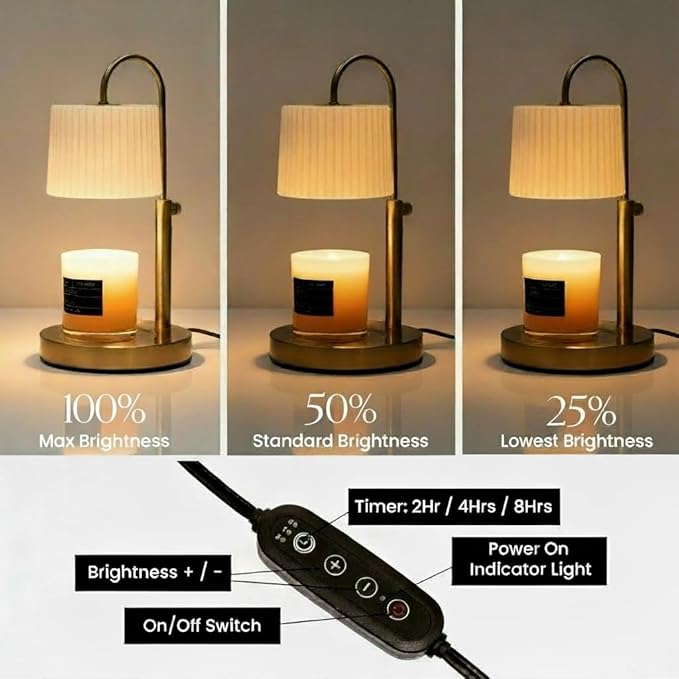 Dimmable Glass Candle Warmer Lamp with Timer - Adjustable Height Candle Lamp Warmer with Timer (8H/4H/2H) - Wax Melter - Ideal Gift, fits Various Size Scented Candles - 02 Bulb - (Gold Metal)