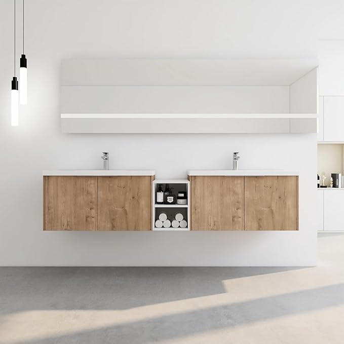 96IN Bathroom Vanity with Double Sink, Modern Solid Wood Floating Bathroom Sink Cabinet, Anti-Fog Mirror, Smart Storage Solutions, Waterproof Design, Open Shelving for Easy Access