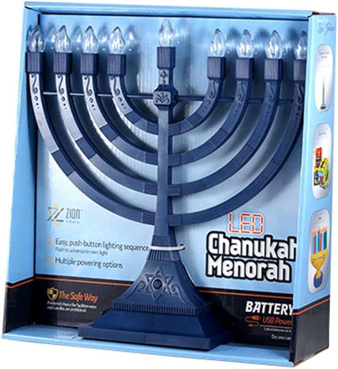 Zion Judaica Electric Hanukkah Menorah LED USB Powered Menorah Electronic Hanukkiah Battery Minorah Flamless Chanukah Candles (Blue, 2)