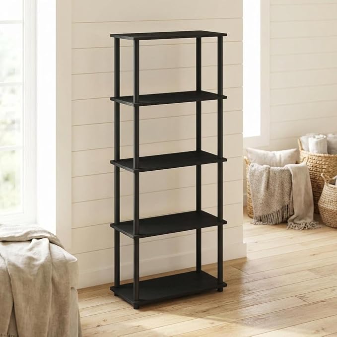 Furnifact Black Bookcase, Modern Wooden Design, Spacious Storage, Durable Wood, Stylish Home Office or Living Room Organizer