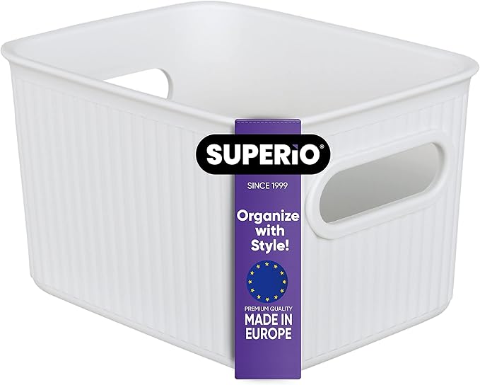 Superio Ribbed Collection - Decorative Plastic Basket Open Home Storage Bins Organizer, Small White (1 Pack) Container Boxes for Organizing Closet Storage Bins for Shelves Drawer Shelf 1.5 Liter