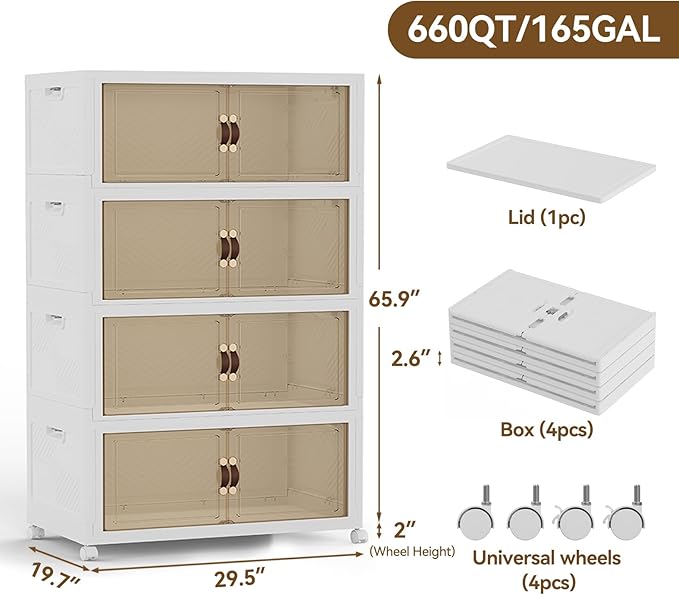 SAILUN 674QT/168Gal Stackable Storage Bins with a Lid, Collapsible Storage Bins With Doors, Folding Cabinet for Home Closet Organization,4 Pack-30 W x 19.7" D x 65.9" H White