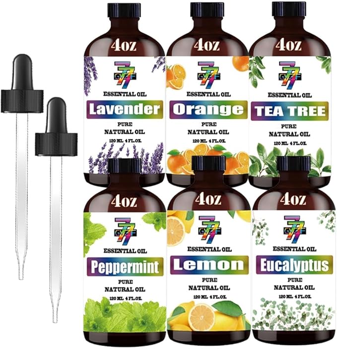 Essential Oil Set - Six Bottles (4 oz/120 ml) of Lavender, Peppermint, Lemon, Sweet Orange, Tea Tree, Eucalyptus Premium Essential Oils for Diffusers, Cleaning Products, Yoga, DIY Soap Candles