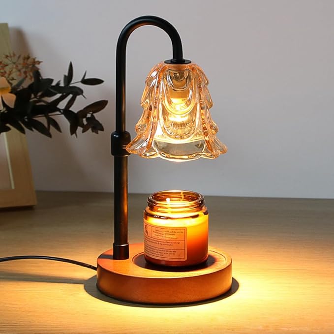 ANFOOS Candle Warmer Lamp with Timer and Dimmer, Flower Glass Shade Adjustable Height Flameless Wax Melt Warmer for Home Office Decor, 4 Brightness Mood Lighting, Includes 2 GU10 Bulbs