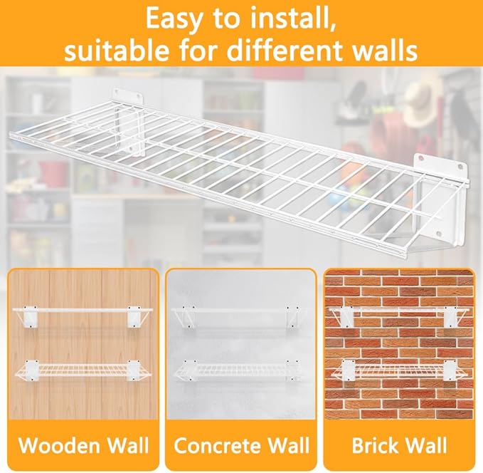 Wall Shelf 24'' x 11'' Garage Wall Mounted Storage Shelves, Heavy Duty Metal Wire Shelving Storage Rack for Garage, Office, Basement and Kithcen, Max Load 90lb, 2-Pack (White)