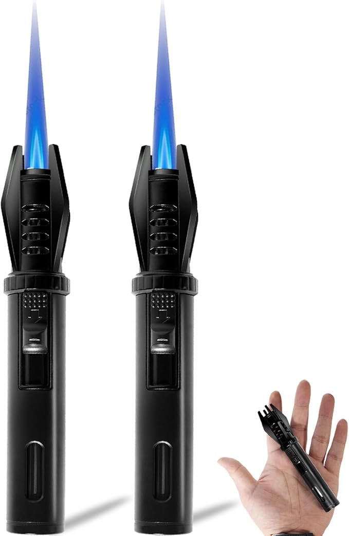 Small Torch Lighters, 2 Pack, Mini Windproof Torch Lighter Pocket Refillable Gas Jet Flame Butane Lighter with Visual Window for Camping Tactical Grill Candle Fireplace Stove BBQ, 5" (Without Fuel)
