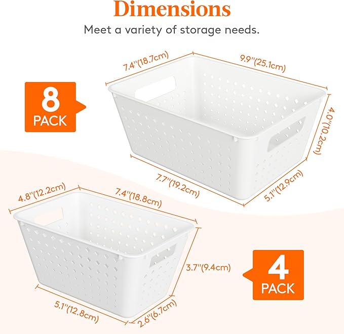 Lifewit Plastic Storage Basket, 12 Pack Stackable Storage Bins for Organizing, Multi Size Open Containers for Shelving, Pantry, Office and Cabinet, 8 Large and 4 Small Size, White