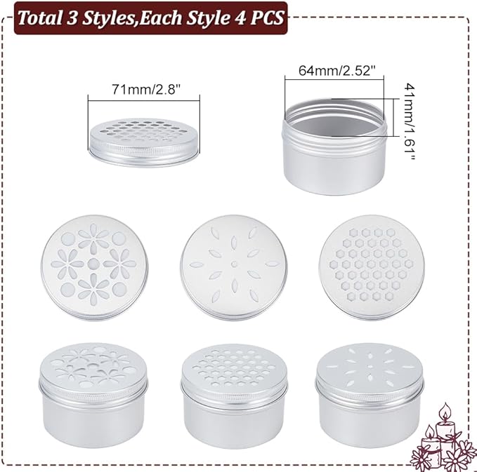 PH PandaHall 12pcs Aluminium Tins, 3 Style 4 Ounce Round Empty Metal Tins with Hollow Lids Refillable Spice Containers for Aromatherapy Air Freshener Candles Travel Storage, 2.7x1.6inch