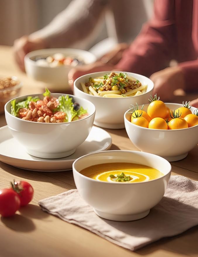 AISBUGUR Ceramic Bowls Set of 6-26OZ Deep Soup Bowls Salad Bowls for Kitchen Microwave & Dishwasher Safe - White Serving Bowls for Cereal, Soup, Pasta, Dessert