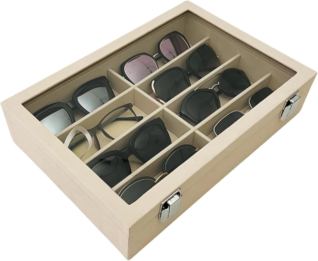 Large Beige Premium Quality Velvet Jewelry Display Box Tray Stackable Practical Trade Show Home Store Eyewear Tray with Glass Lid