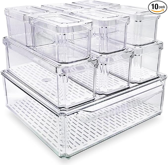10-Pack Clear Fridge Organizer Bins with Lids & Drainage Holes, Stackable Container Set, BPA-Free Plastic Refrigerator Storage Containers for Food, Fruits, Vegetables, Meats (Multi-Purpose)