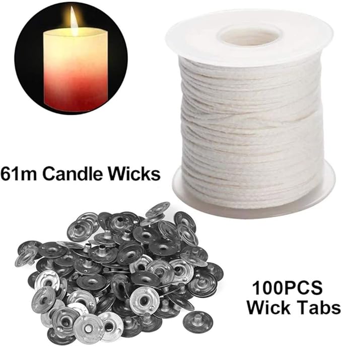 Natural Cotton Candle Wick Core 200ft Roll With 100 Metal Sustainers Tabs - Soy Wax Wicks DIY Craft Candle Making Supplies Kit