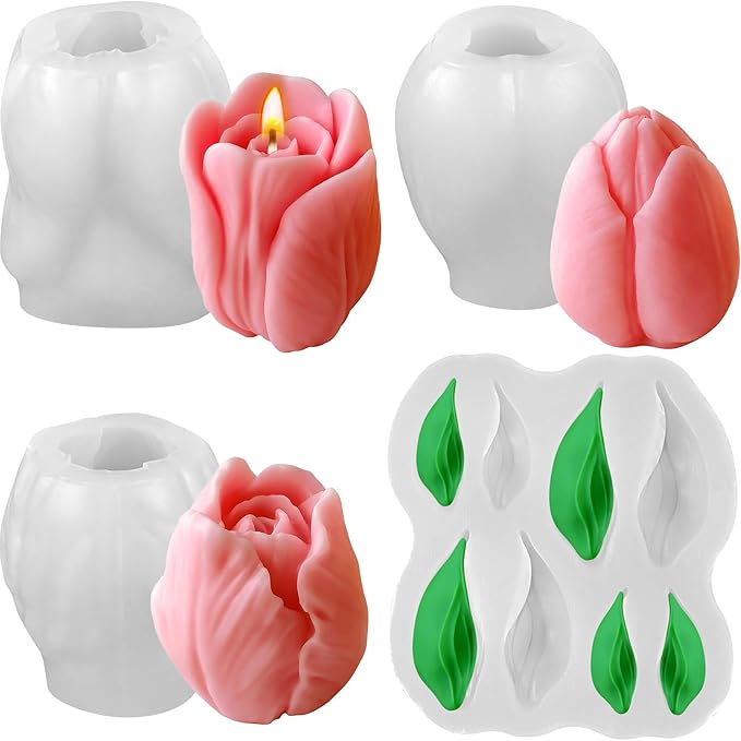 4 PCS Tulip Candle Molds with Leaf Mold, 3D Tulip Flower Silicone Molds for Candles Making Handmade Soap Clay Plaster Epoxy Resin Casting Home Decorations Mothers Day Gift