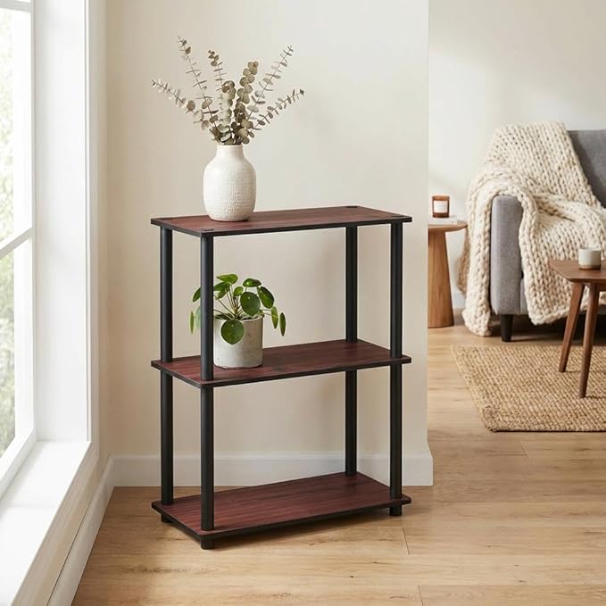 Furnifact Dark Cherry Black Bookcase with Wooden Shelves, Sturdy Construction, Elegant Finish for Home or Office Storage