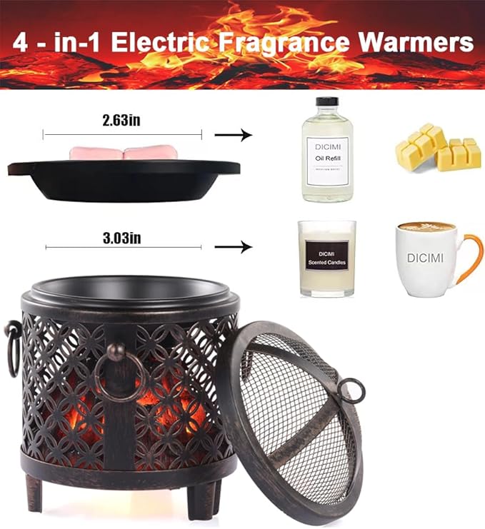 Dicimi Vintage Electric Wax Warmer for Scented Wax Melts - Flickering Fire LED Candle Warmer, Multi-Function Oil Warmer for Essential Oils, Safe Flameless Home Decor with 60-Day Warranty