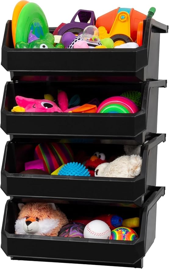 Extra Large Plastic Storage Bins, Stackable Organizer Containers for Closet Pantry Shelf Garage and Office Organization, Black, 4 Pack