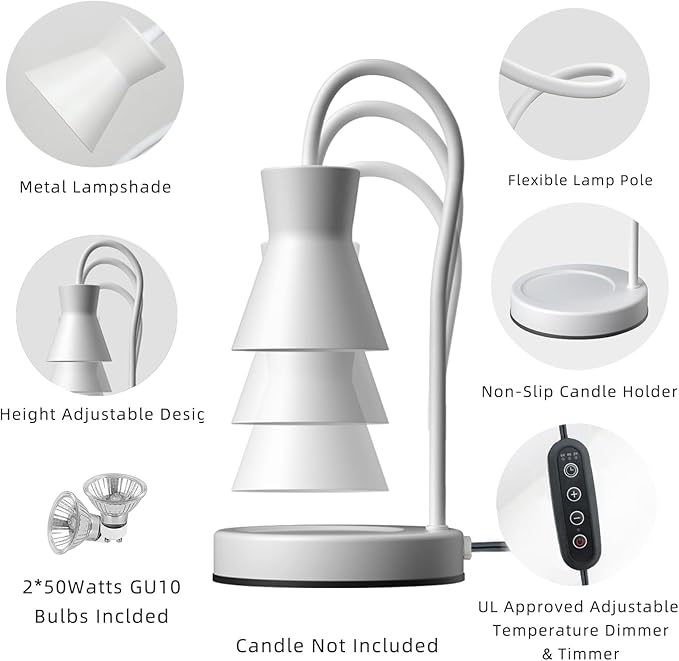 LALISU Candle Warmer Lamp with Timer and Dimmer, Vintage Electric Candle Melter with 2 Bulbs, Melter Scented Candle Height Adjustable Compatible with Jar Candles, House Warming Gifts (White)