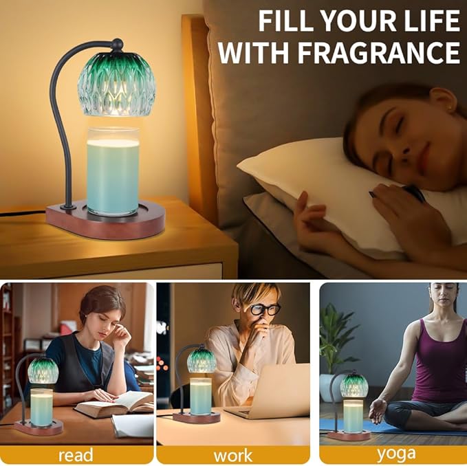 Electric Candle Warmer Lamp with Timer＆Dimmable for Jar Scented Candles, Wax Melting Tabletop Light Suitable as a Home Decor Thanksgiving Christmas Day Gift for Women Mom, with 2 Bulbs(Glass Green)
