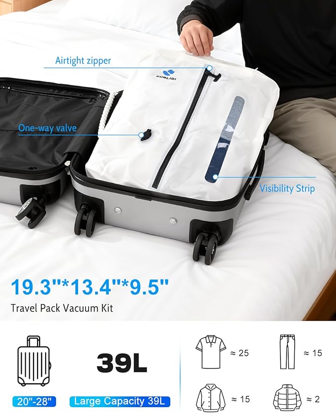 Zurligi Travel Vacuum Compression Bags with Removable Handle & Mini Pump – 39L Reusable IPX8 Waterproof Vacuum Packing Cubes, Vacuum Seal Bags for Clothes, Suitcase & Backpack(1-Pack White)