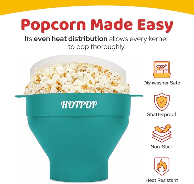 The Original Hotpop Microwave Popcorn Bowl Popper, Silicone Popcorn Maker, Collapsible Bowl and Dishwasher Safe- 20 Colors Available (Cyan)