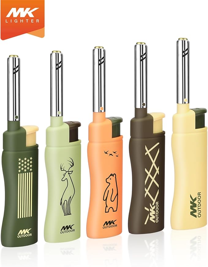 MK Lighter 5pcs. Outdoor Series Candle Lighters, Windproof Torch Flame, BBQ Grills, Camping Lighters, Outdoor Activities, Refillable Butane, Multipurpose Lighters (Assorted-5pc)