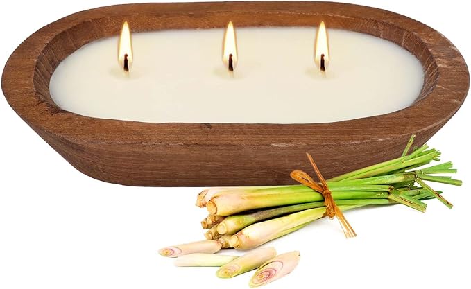 Citronella Candle in Wooden Bowl, 8oz Triple-Wick Smokeless Candle, Clean Burning Natural Citronella Scented Candle for Home Decor, Patio, Garden and Relaxation