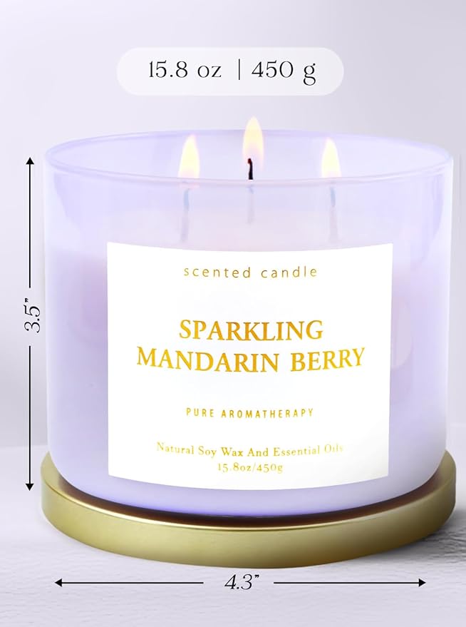 Large Sparkling Mandarin Berry Scented Candle for Home - 3 Wick Soy Candles 15.8oz, Fresh Citrus Aromatherapy Candle, Long Lasting Clean Burning, Uplifting Gift for Women & Men